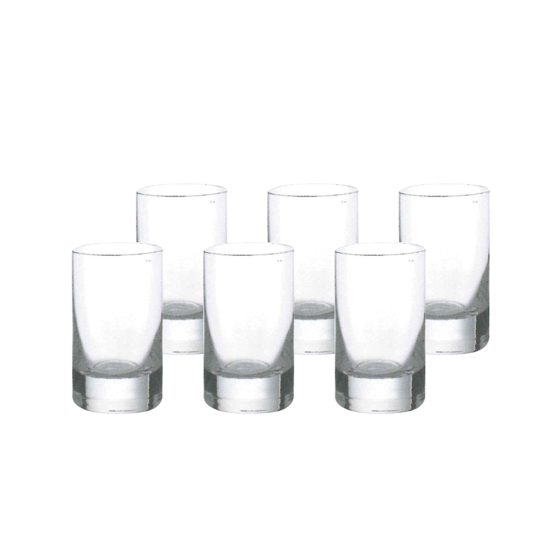 Set of six clear glass shot glasses with thick silver bases