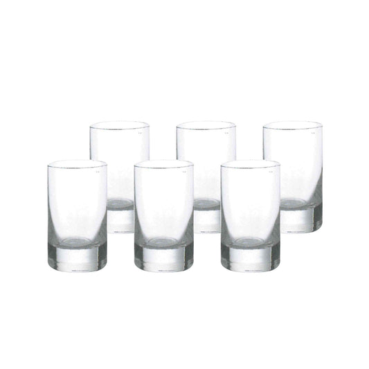 Set of six clear glass shot glasses with thick silver bases