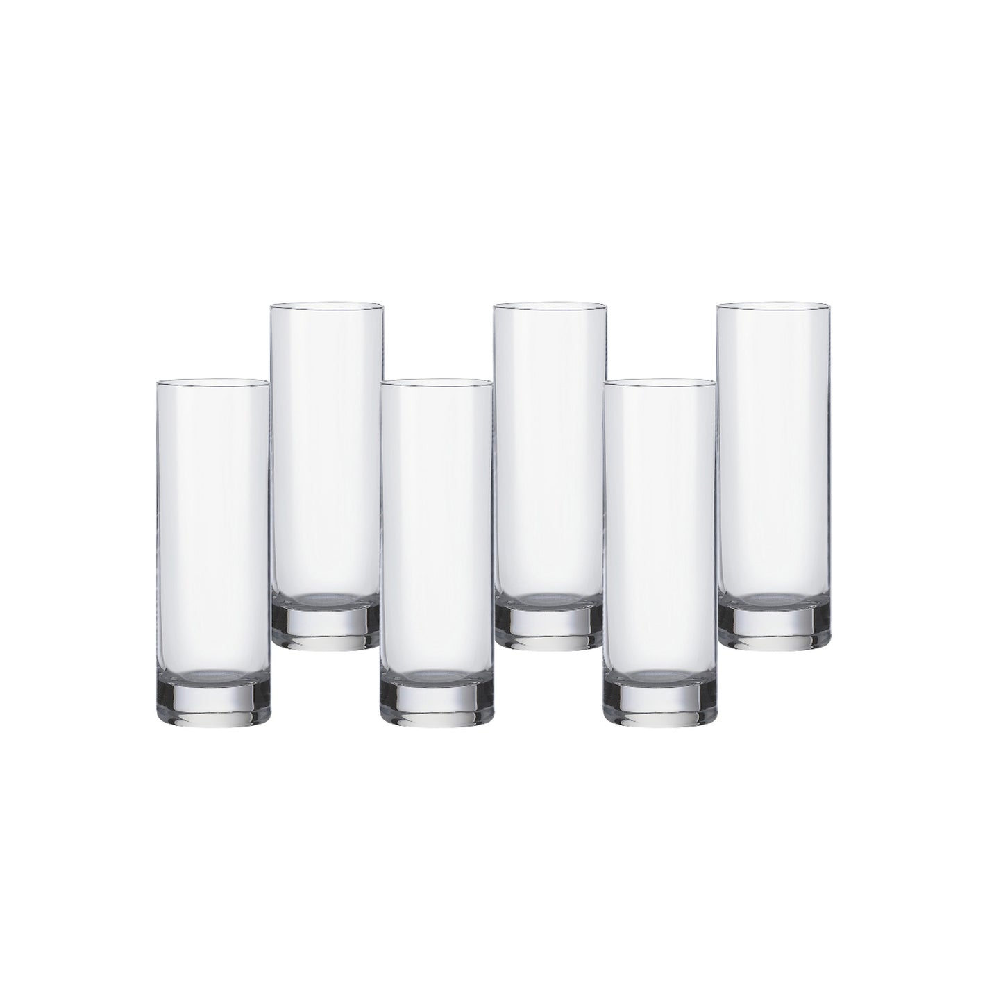 Set of six clear shot glasses standing in a row with thick silver bases
