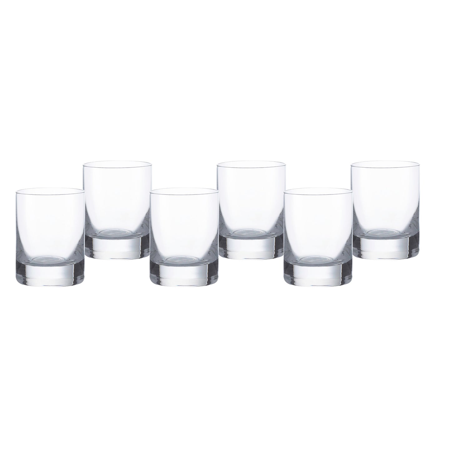 Set of six clear shot glasses with staggered heights and thick silver bases