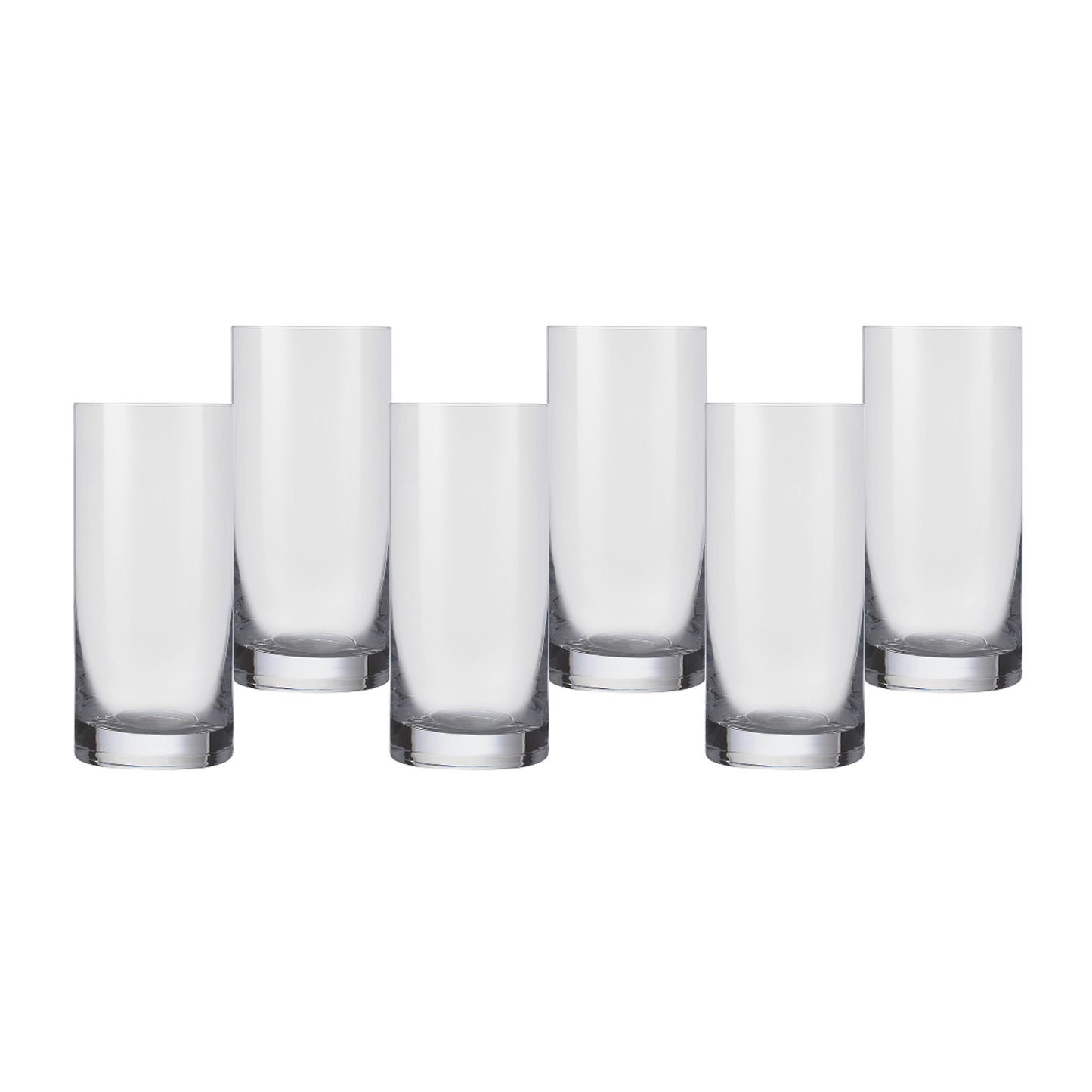 Clear highball glass set with silver-toned bases, angled view