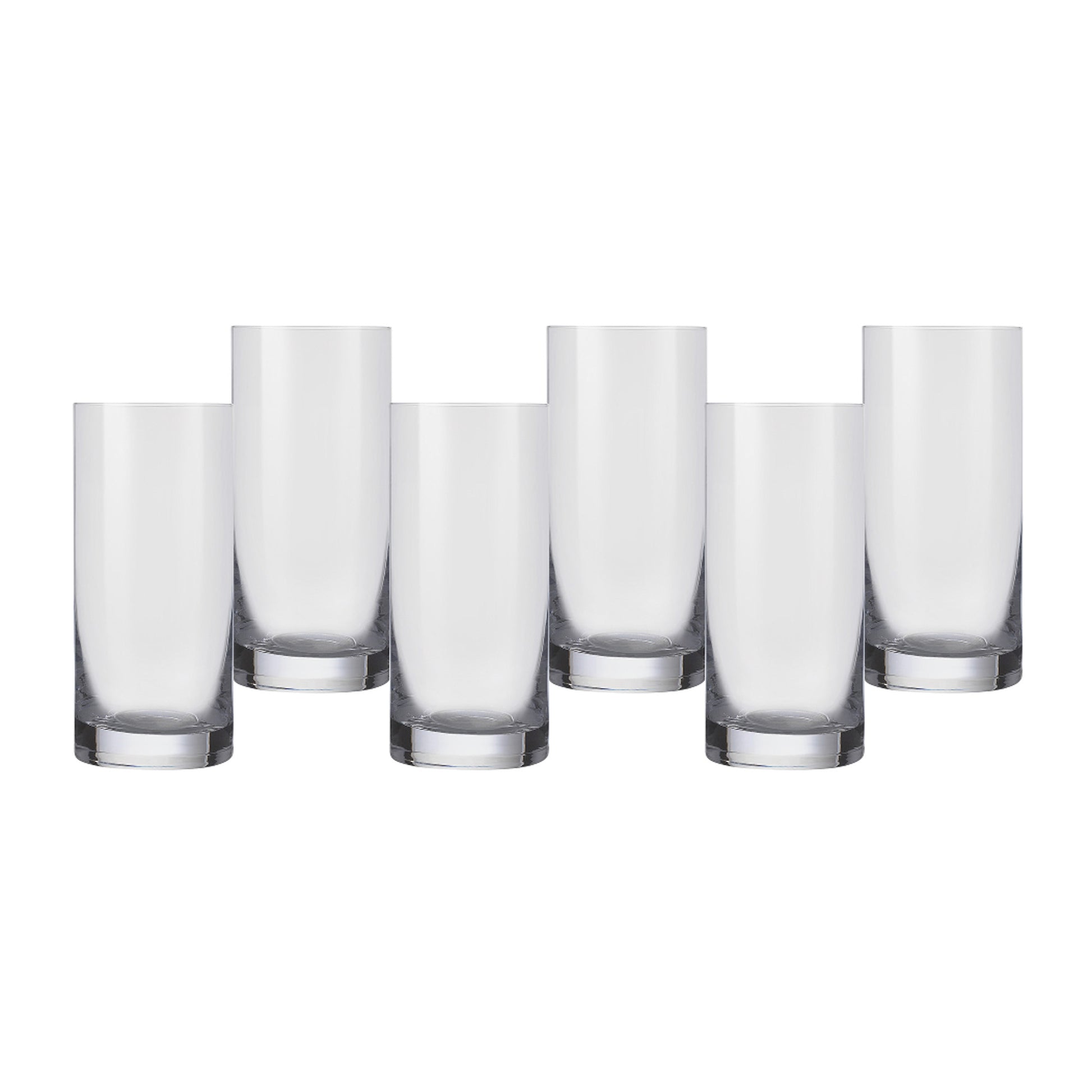 Clear highball glass set with silver-toned bases, angled view