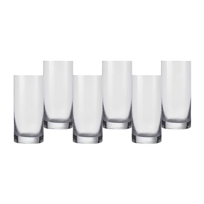 Clear highball glass set with silver-toned bases, angled view