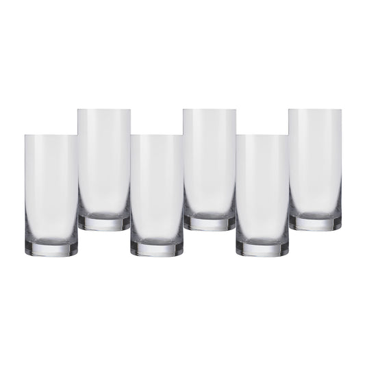 Clear highball glass set with silver-toned bases, angled view