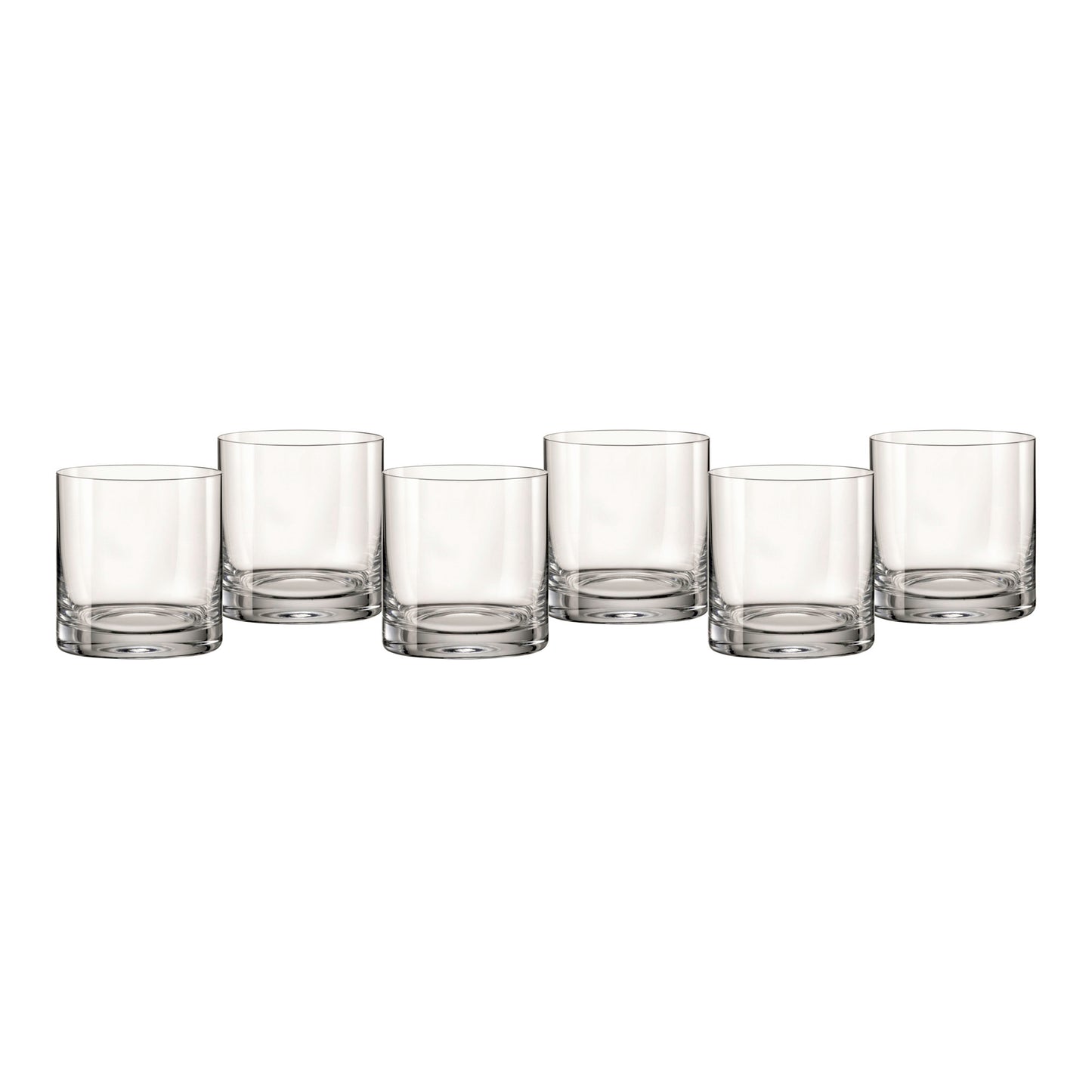 Set of six clear lowball glasses with thick rim, transparent glass bodies.