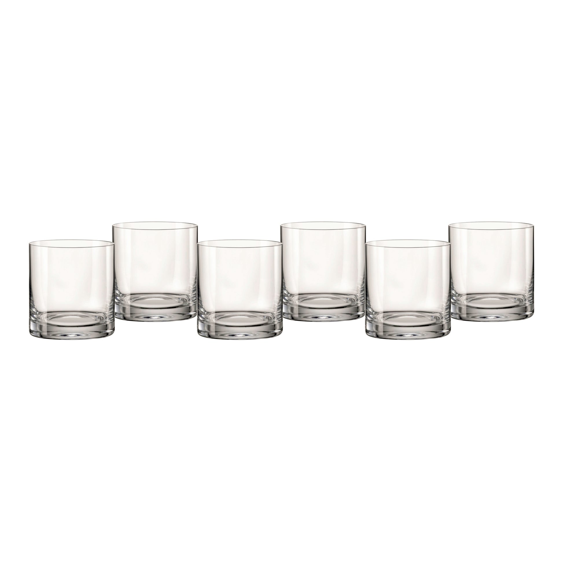 Set of six clear lowball glasses with thick rim, transparent glass bodies.