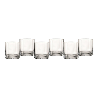 Set of six clear lowball glasses with thick rim, transparent glass bodies.