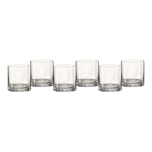 Set of six clear lowball glasses with thick rim, transparent glass bodies.