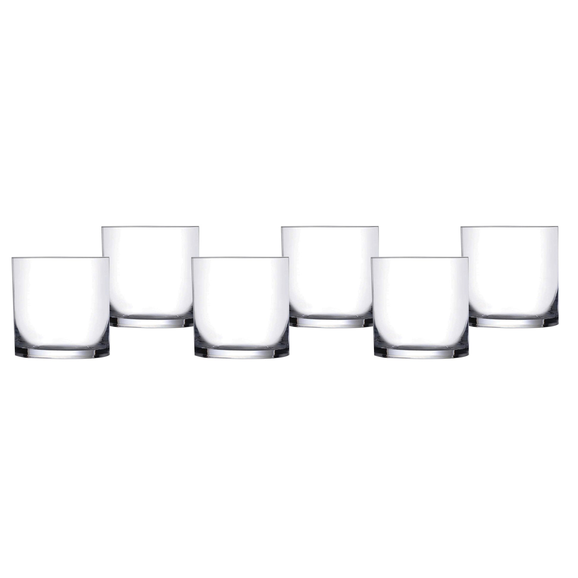 Set of six clear lowball glasses, staggered lineup with thick rims.