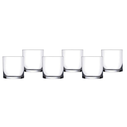 Set of six clear lowball glasses, staggered lineup with thick rims.