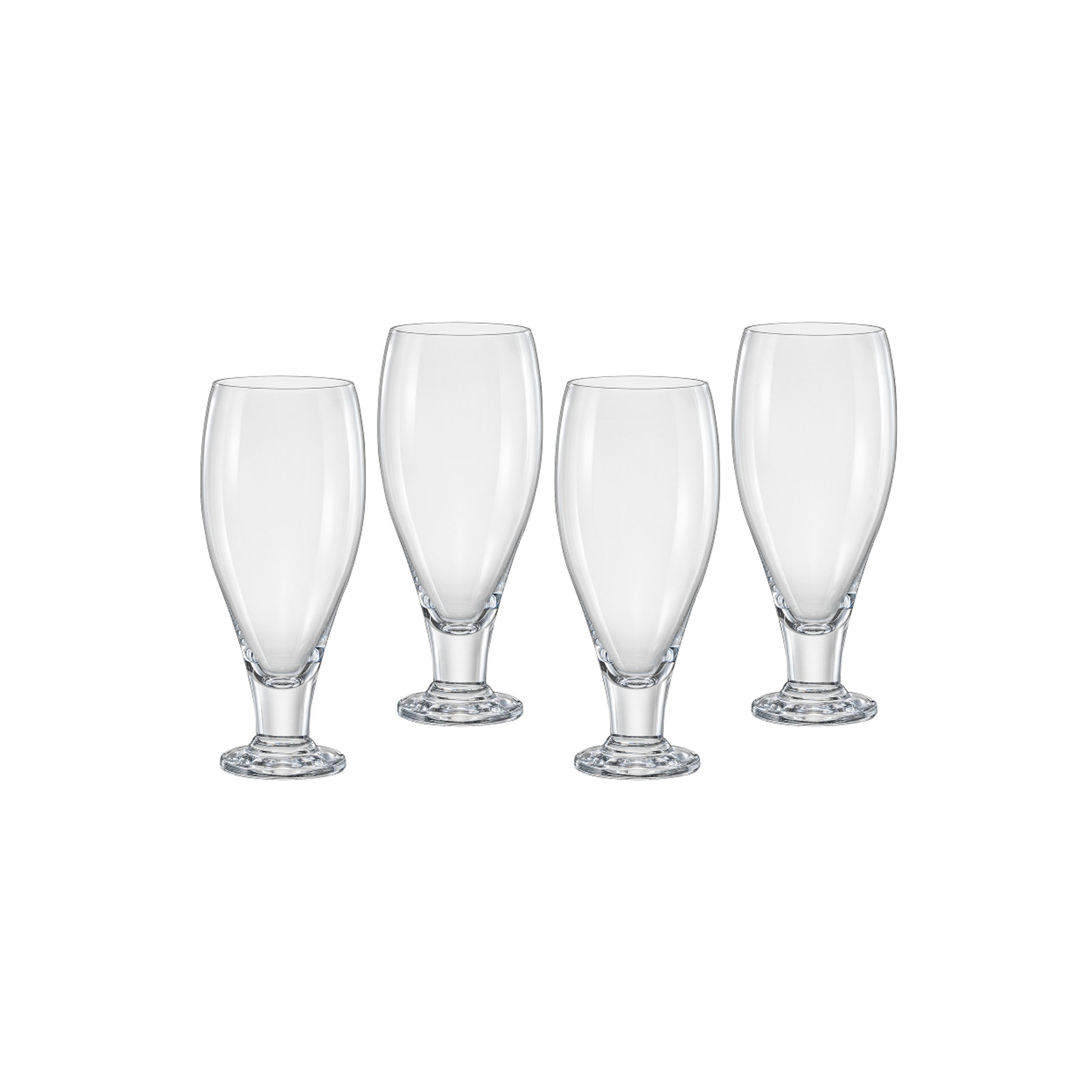 Set of four clear beer glasses with flared tulip shape and short stem bases