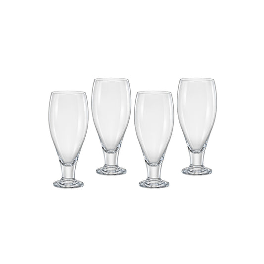 Set of four clear beer glasses with flared tulip shape and short stem bases