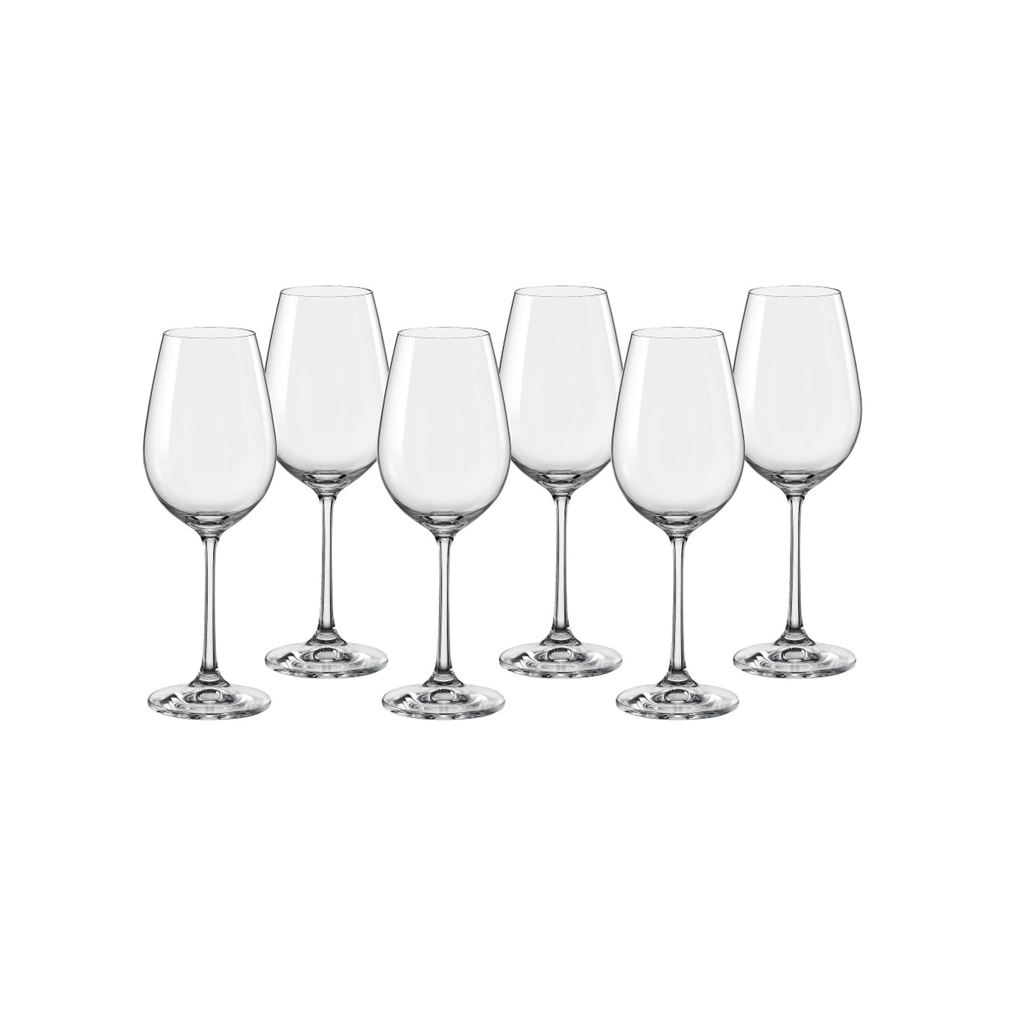 Clear stemmed wine glasses with flared bowls, six-piece set