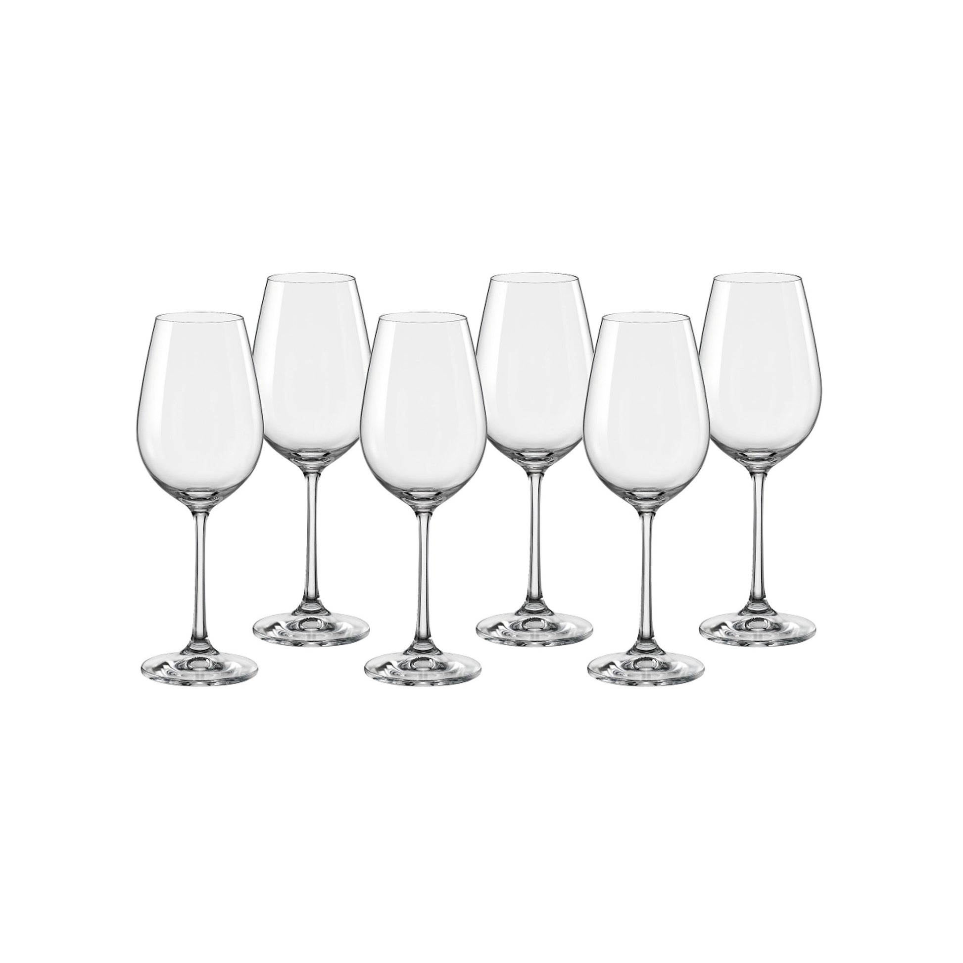 Clear stemmed wine glasses with flared bowls, six-piece set
