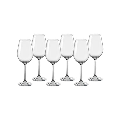 Clear stemmed wine glasses with flared bowls, six-piece set