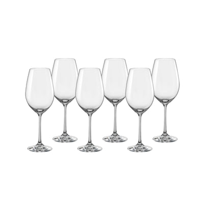 Clear stemmed wine glasses with flared bowls, six-piece set in a row