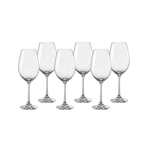 Clear stemmed wine glasses with flared bowls, six-piece set in a row