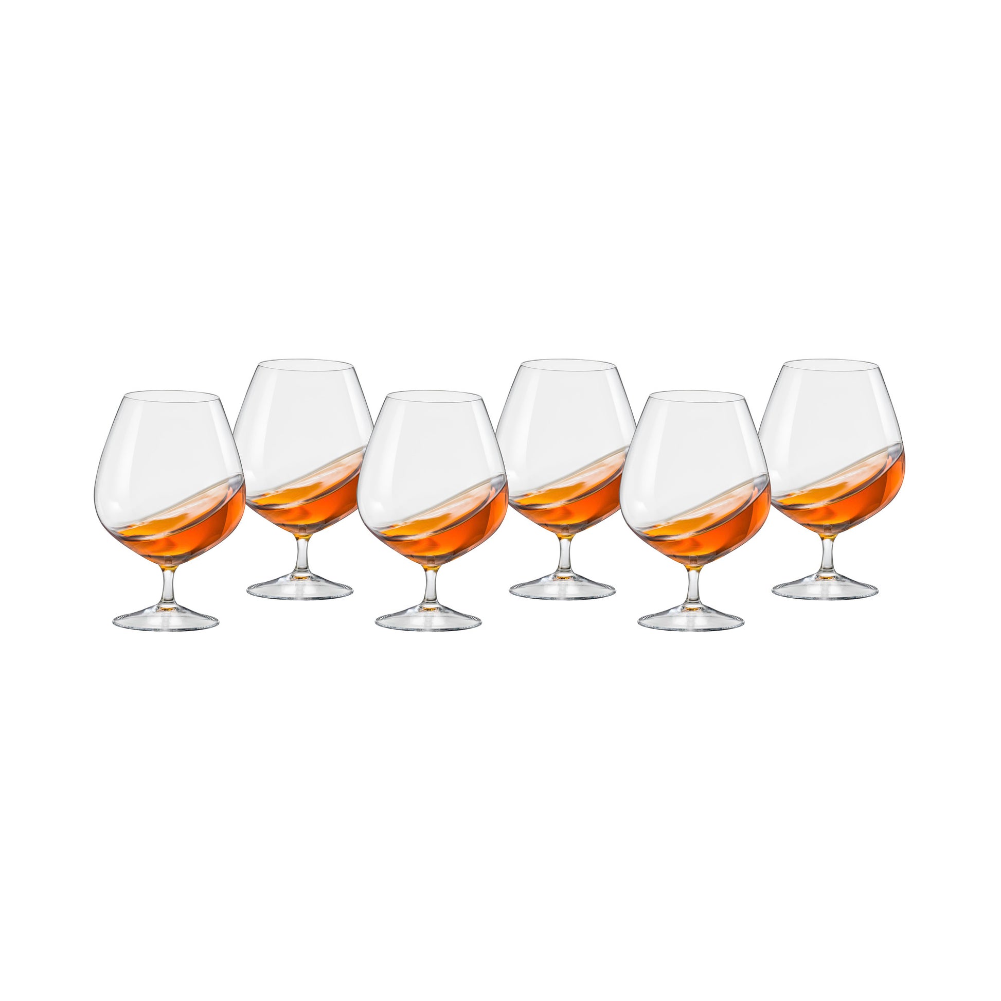 Set of six balloon brandy glasses with amber-colored liquid