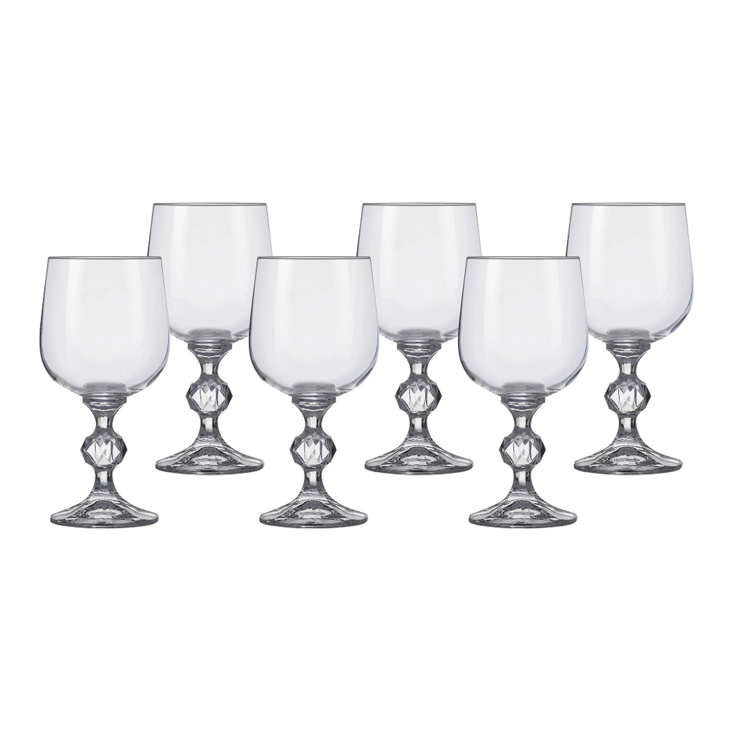 Six clear stemmed wine glasses with faceted bases and rounded bowls
