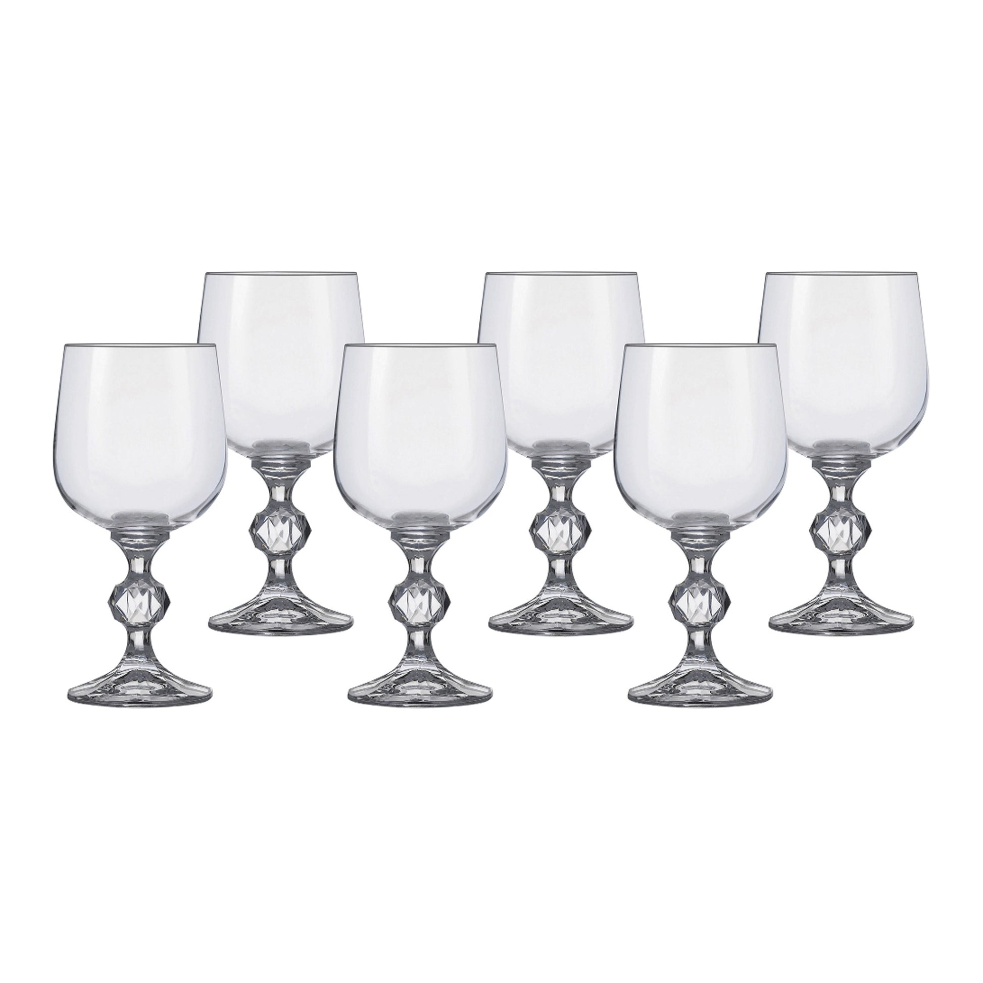 Six clear stemmed wine glasses with faceted bases and rounded bowls