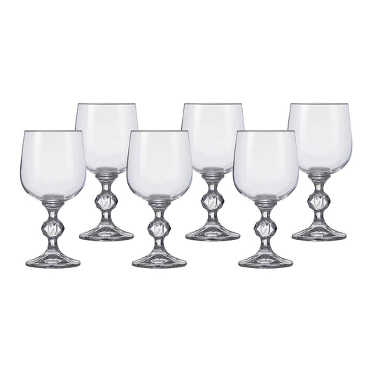 Six clear stemmed wine glasses with faceted bases and rounded bowls
