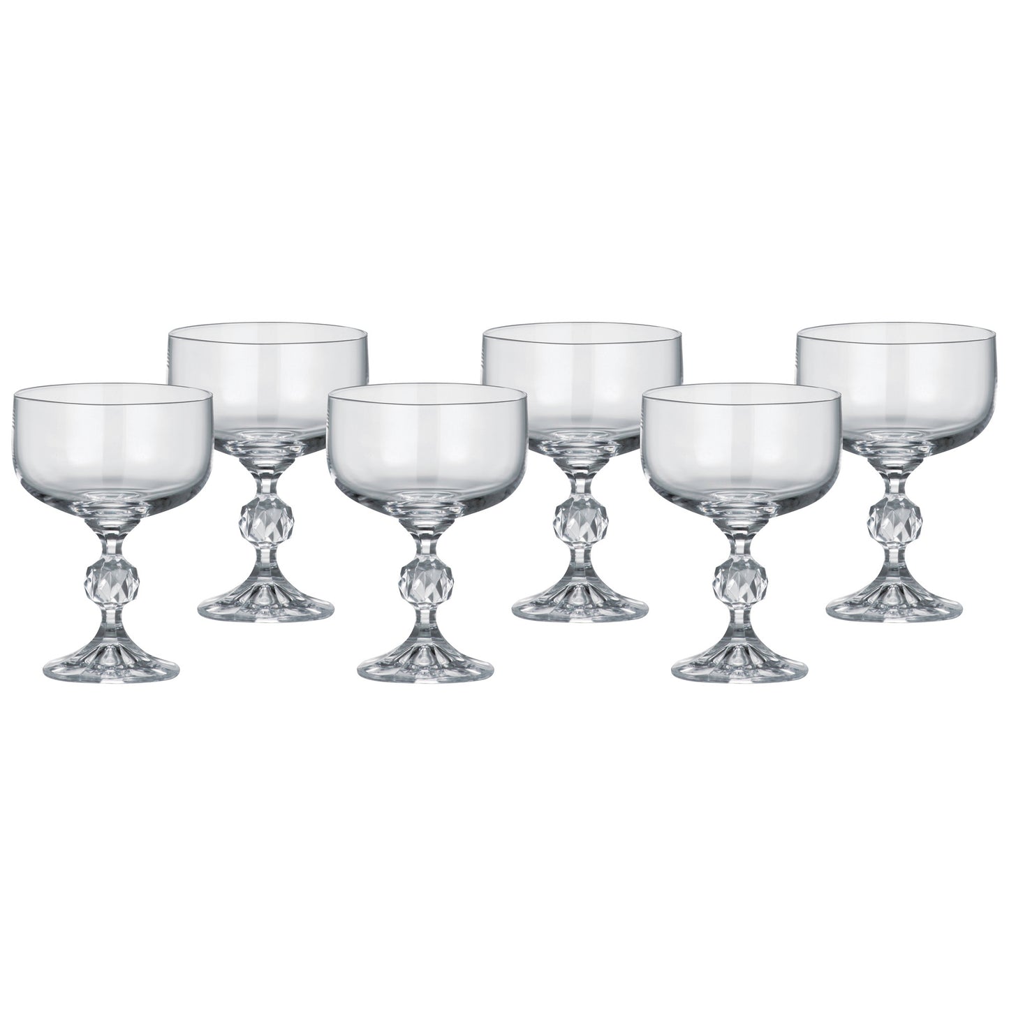 Six stemmed goblet glasses with clear bowls and faceted stems