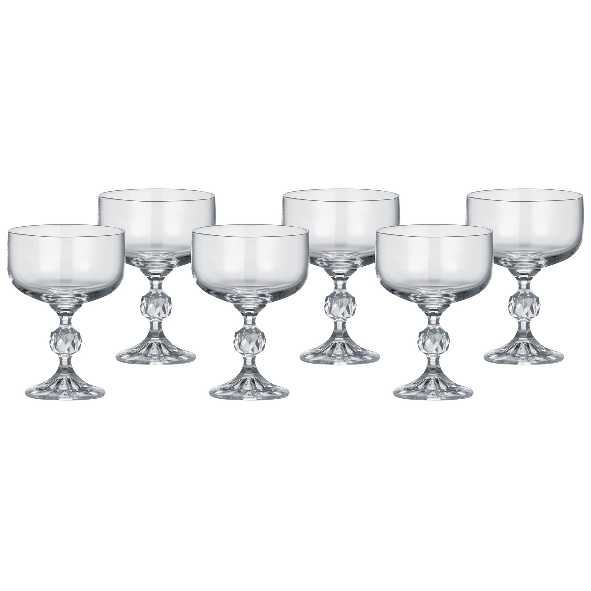 Six stemmed goblet glasses with clear bowls and faceted stems