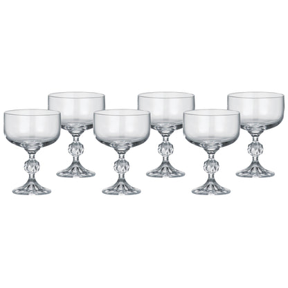 Six stemmed goblet glasses with clear bowls and faceted stems