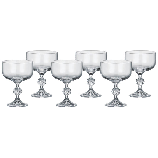 Six stemmed goblet glasses with clear bowls and faceted stems