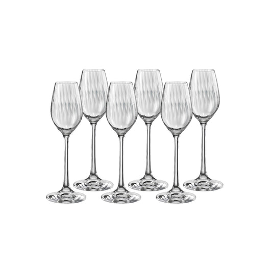 Fluted stemmed water glasses, set of six, clear glass with patterned bowls