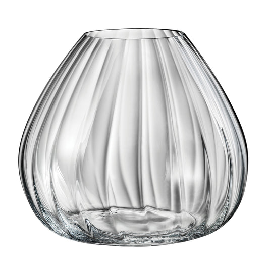 Clear glass bowl with vertical ridges and rounded base