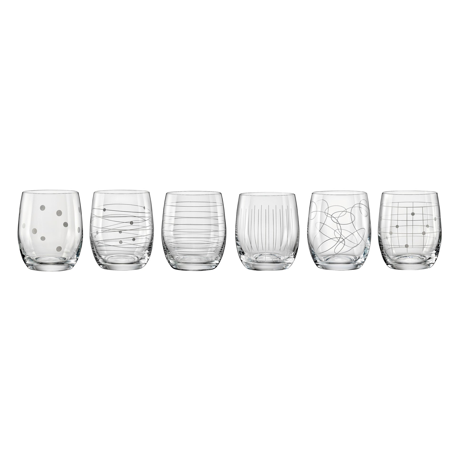 Set of 6 clear stemmed glasses with decorative etched circles, lines, and dots