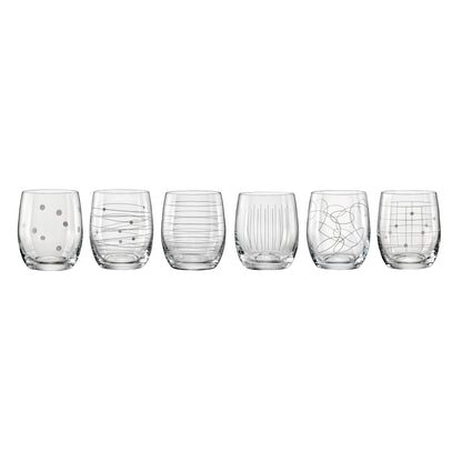 Set of 6 clear stemmed glasses with decorative etched circles, lines, and dots
