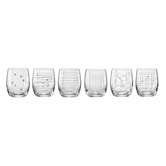 Set of 6 clear stemmed glasses with decorative etched circles, lines, and dots