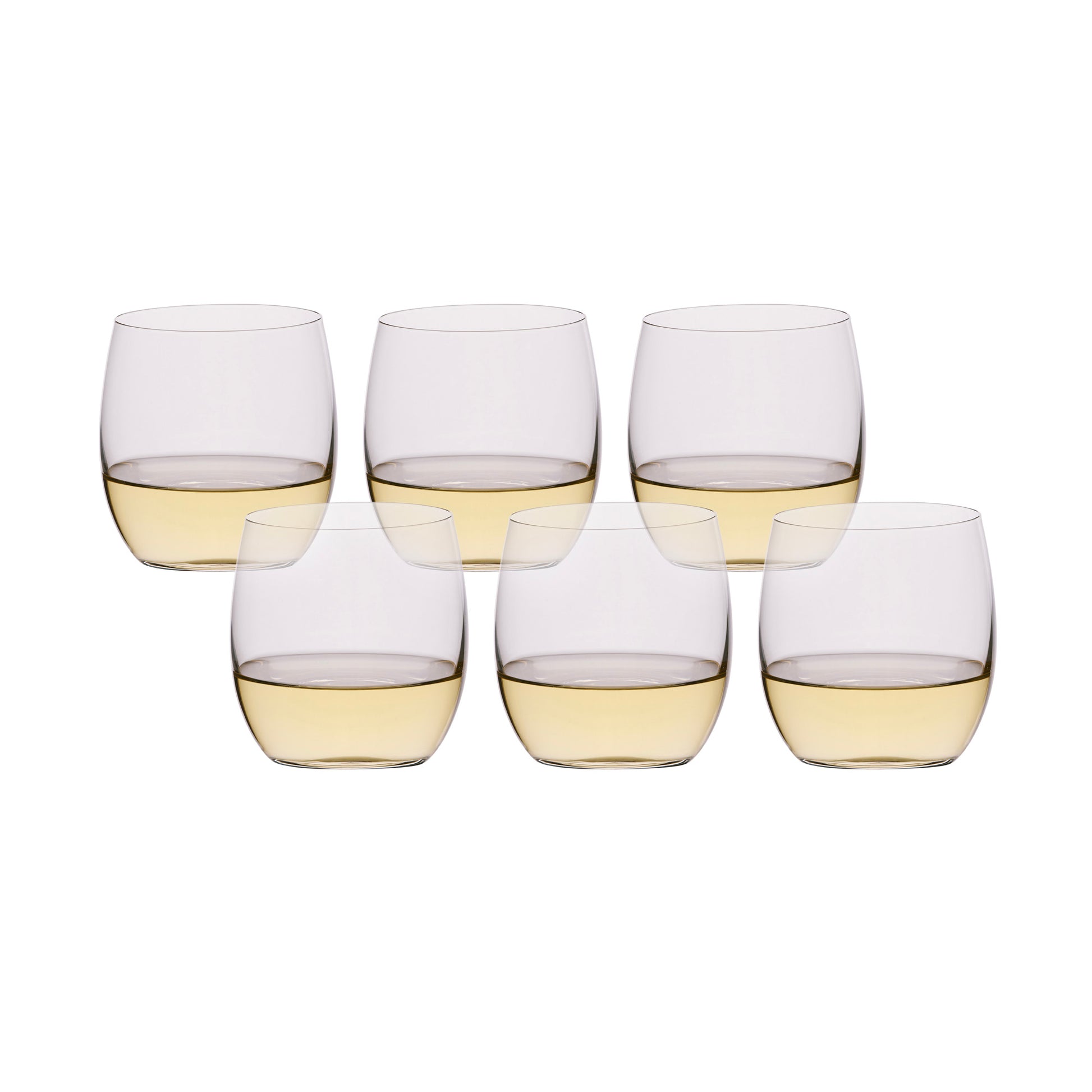 Set of 6 clear glass tumblers with amber drink, straight sides and rounded rim