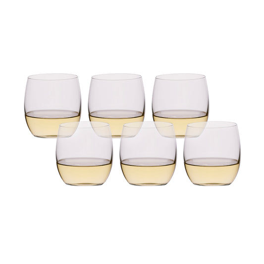 Set of 6 clear glass tumblers with amber drink, straight sides and rounded rim