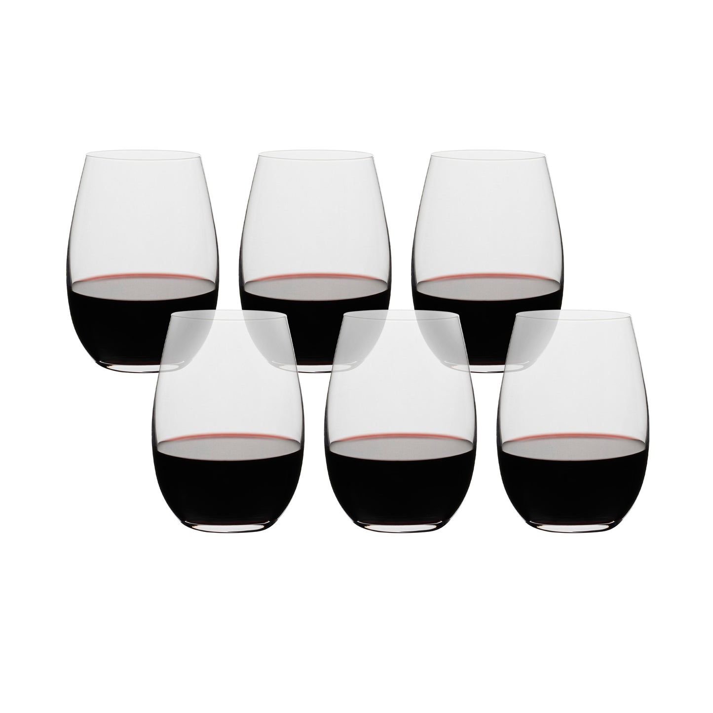 Set of 6 clear glass tumblers with dark drink and red-tinted band, straight sides
