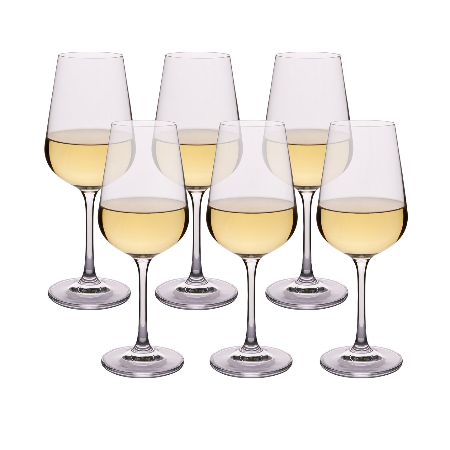 Wine glass set with 6 clear stemmed glasses, pale yellow liquid