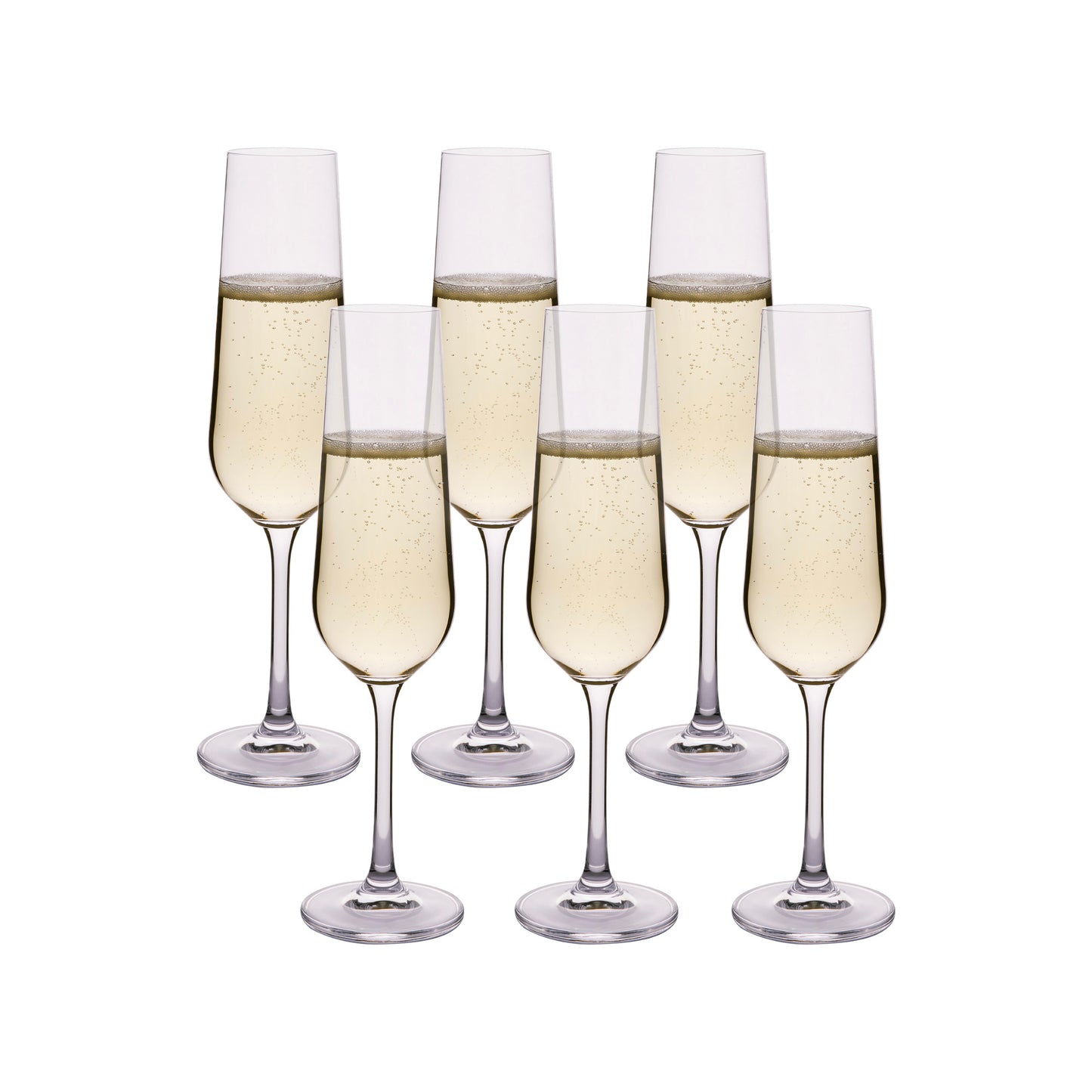 Wine glass set with 6 clear stemmed glasses, bubbly pale champagne