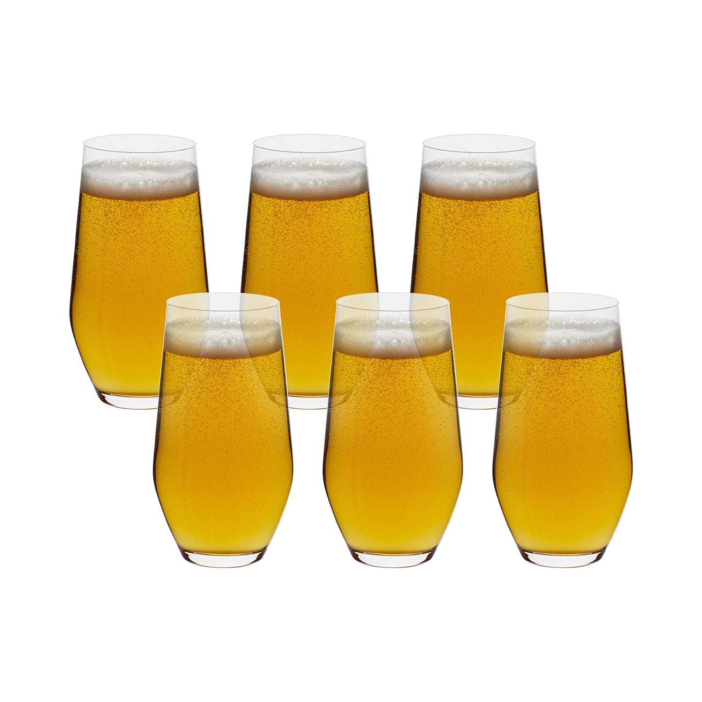Set of Grus tumblers with golden beer and frothy foam, straight sides