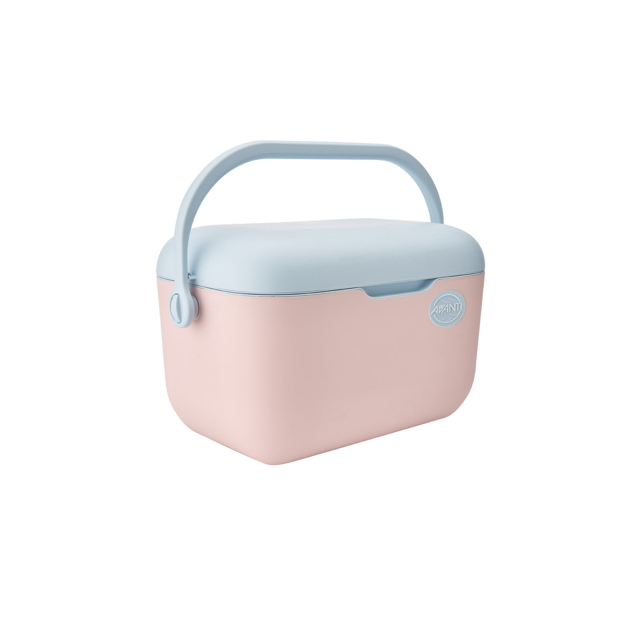 Light pink and pale blue portable cooler with curved handle and front latch