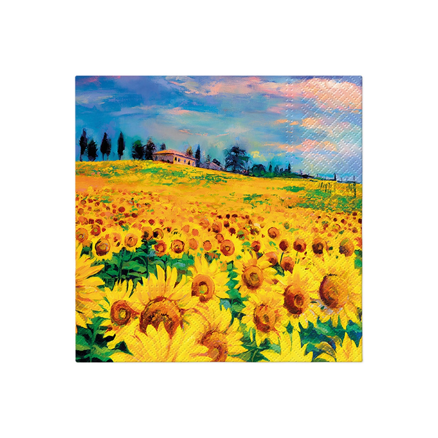 Decorative square napkin with golden sunflower field landscape and distant houses