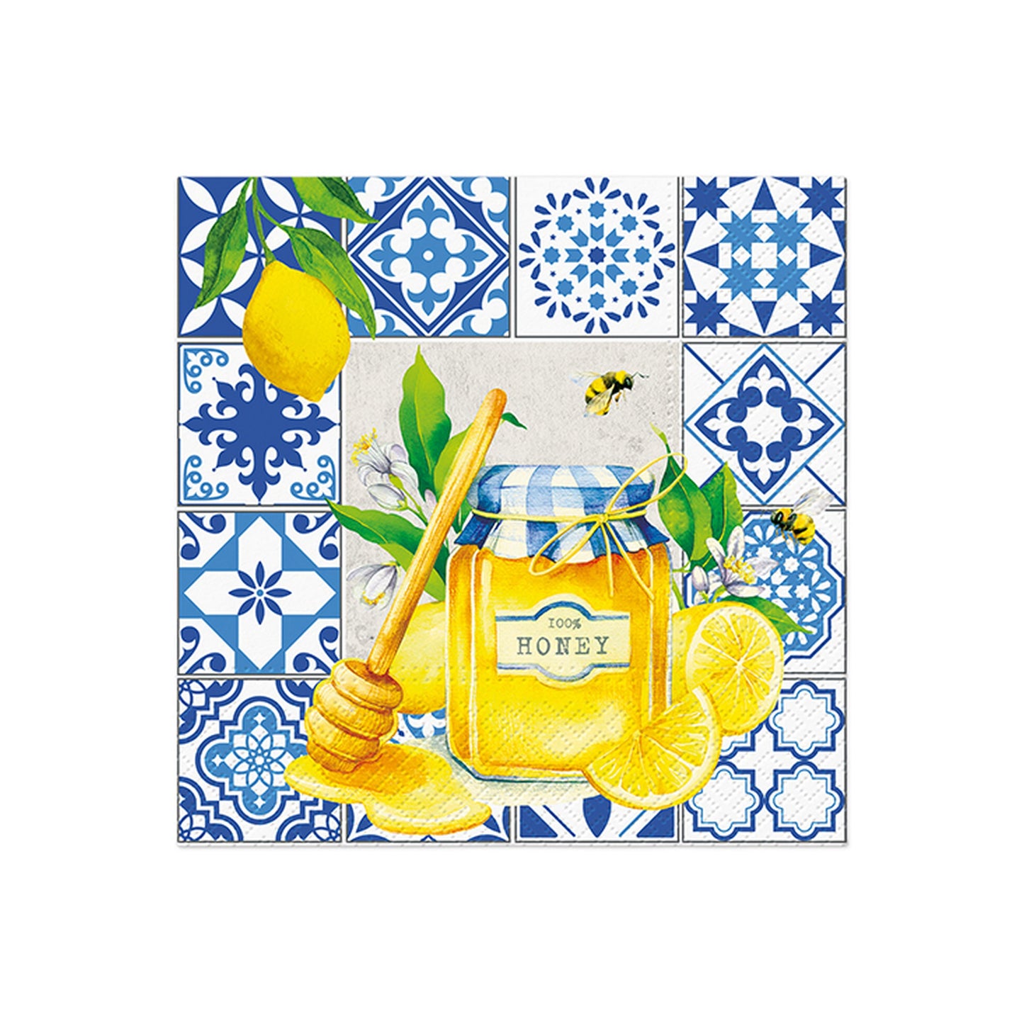 Square fabric with blue tile pattern, honey jar, bees, lemons, and citrus illustration