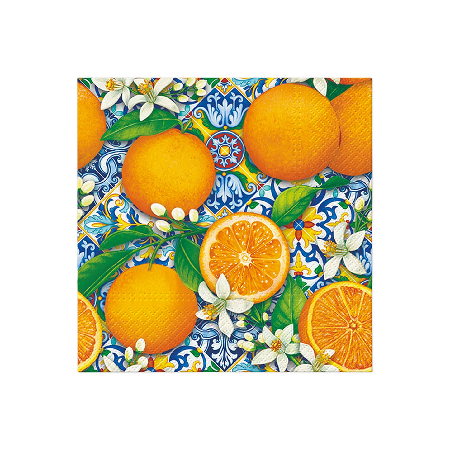 Square fabric with orange fruit pattern on blue decorative tile background, including orange halves