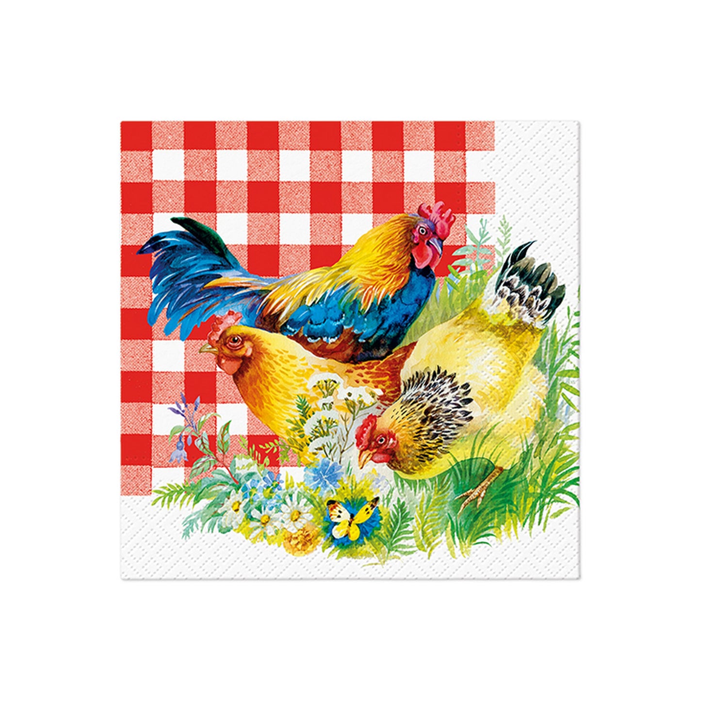 Decorative square napkin with two colorful chickens on red gingham pattern