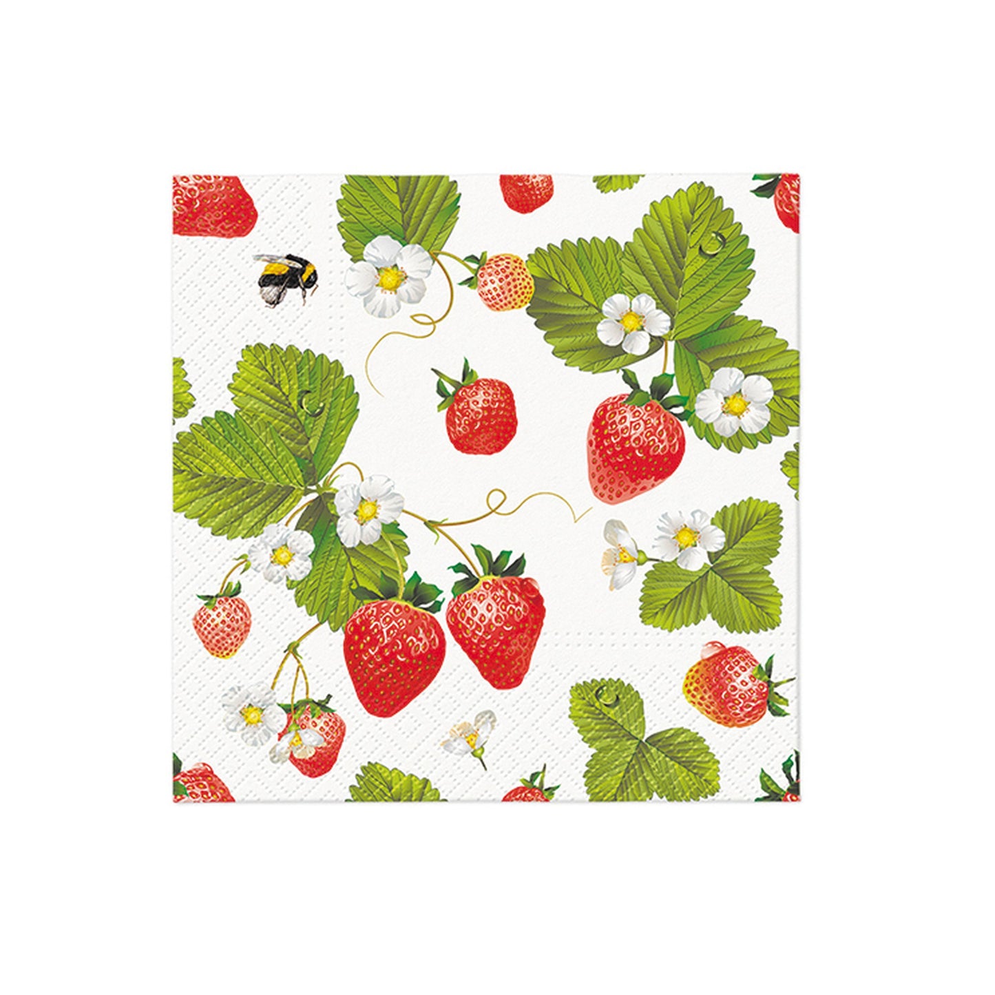 Printed paper napkin with strawberries, white blossoms, green leaves, and a small bee