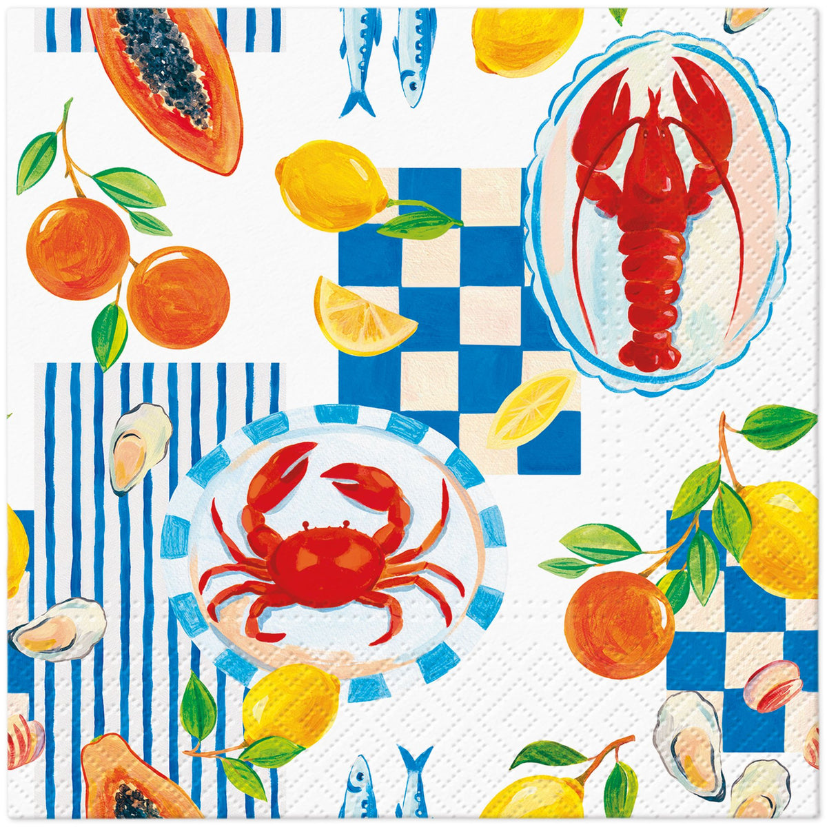 Lobster and lemon pattern paper napkin, red lobster on white with blue accents