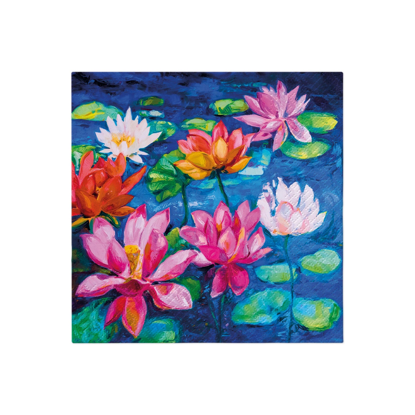 Colorful lotus floral canvas print with pink and white blooms on blue background