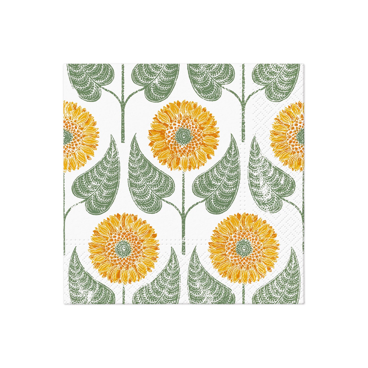 Decorative square napkin with green leaf and orange dandelion-style pattern