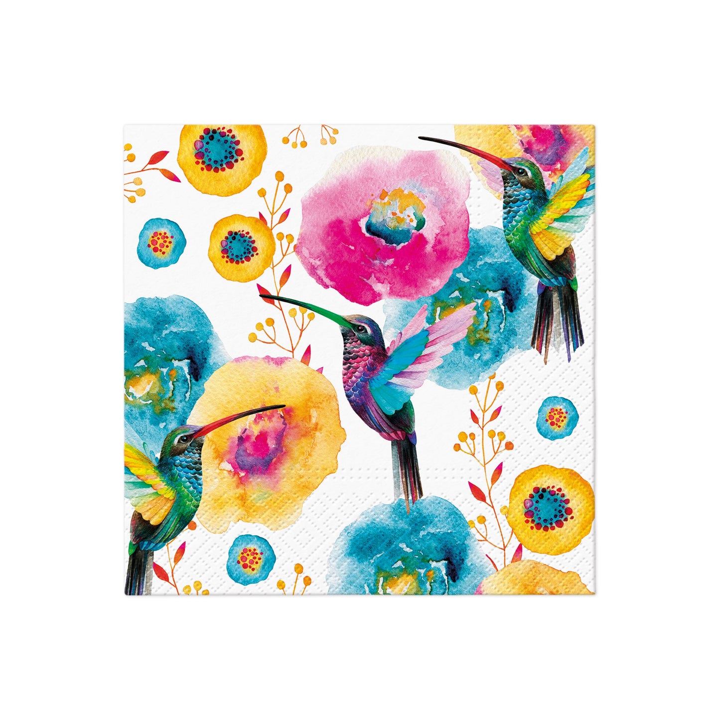 Printed paper napkin with colorful hummingbirds and watercolor flowers in vivid hues